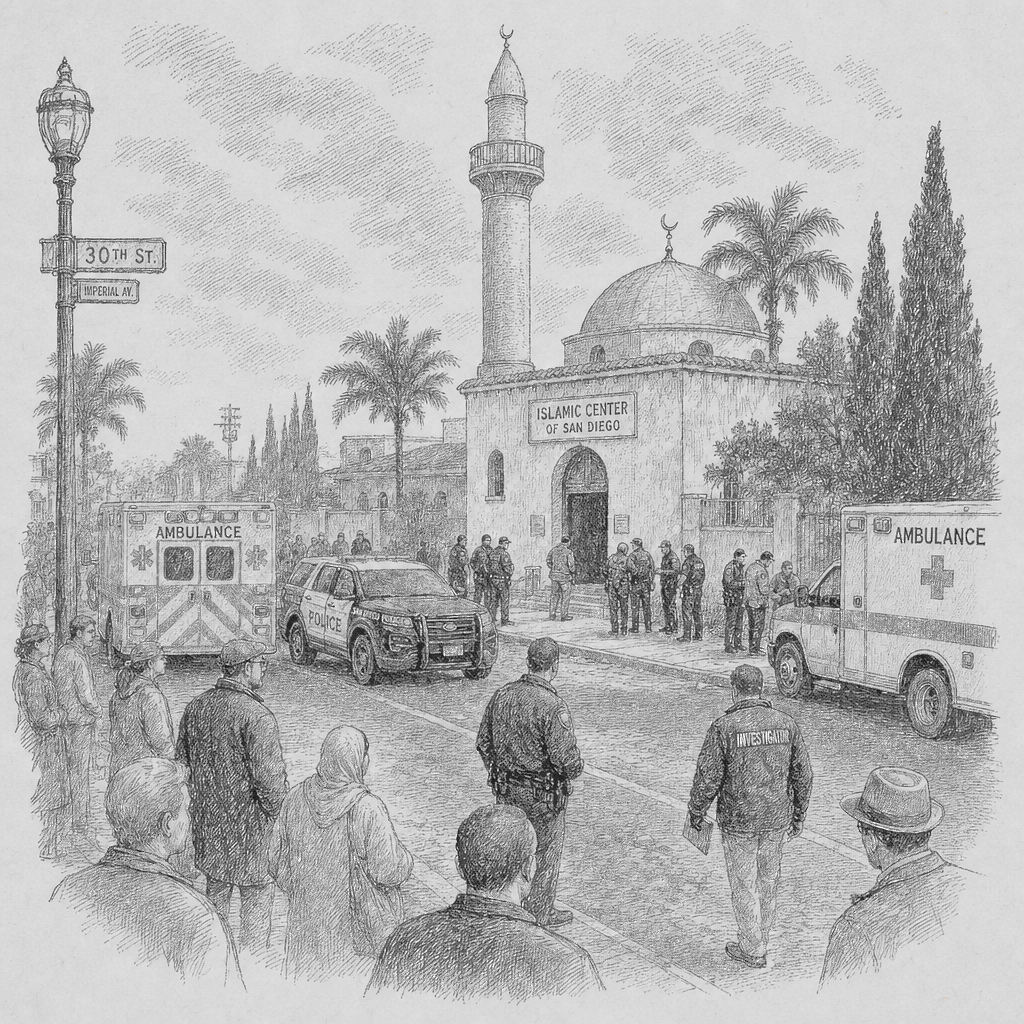 Illustration accompanying article: Shooting at San Diego mosque kills 3; both teenage shooters are dead