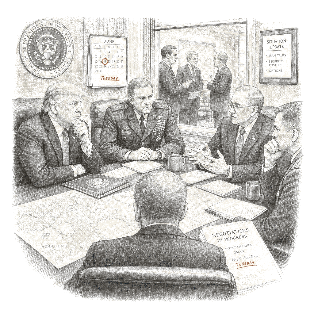 Illustration accompanying article: Trump pauses Iran strike planned for Tuesday amid ‘serious negotiations’
