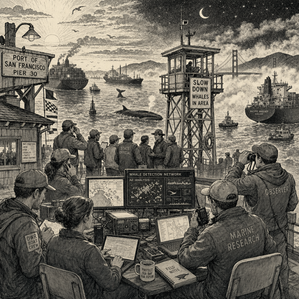 Illustration accompanying article: California races to protect whales as deaths spike