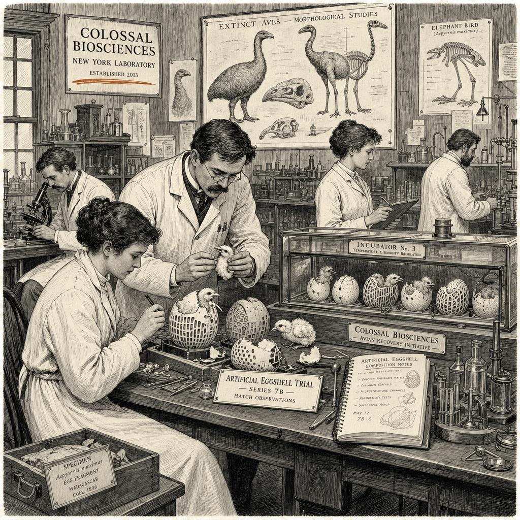 Illustration accompanying article: Colossal Biosciences hatches chicks in artificial eggshell, advancing de-extinction