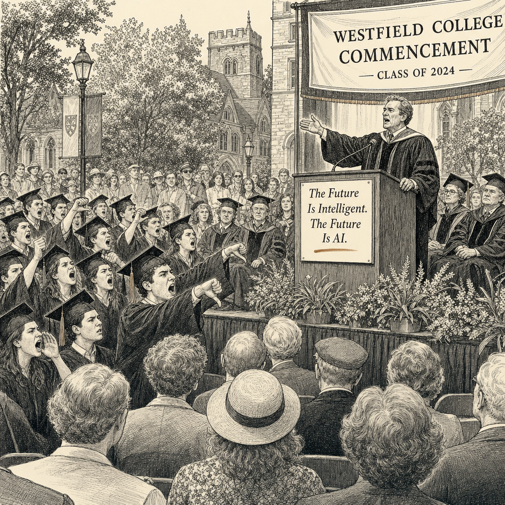 Illustration accompanying article: Graduates boo AI pep talks at college commencements