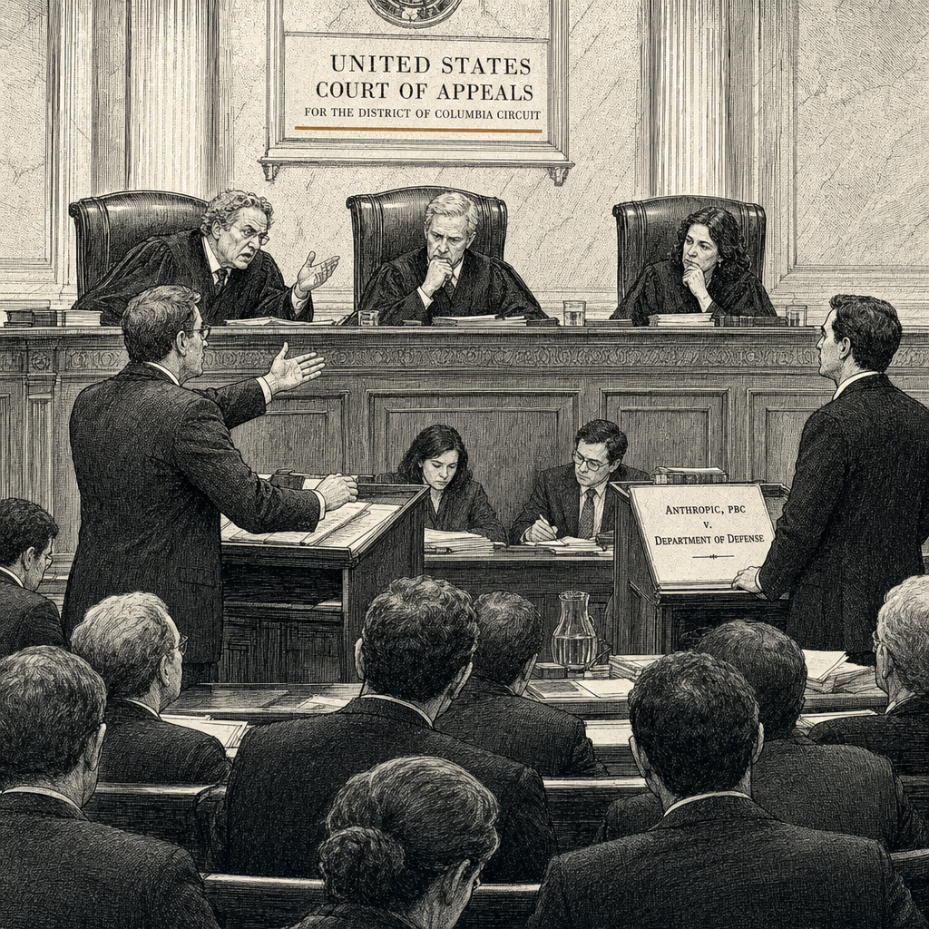 Illustration accompanying article: Judges appear split in dispute between AI company Anthropic and Pentagon
