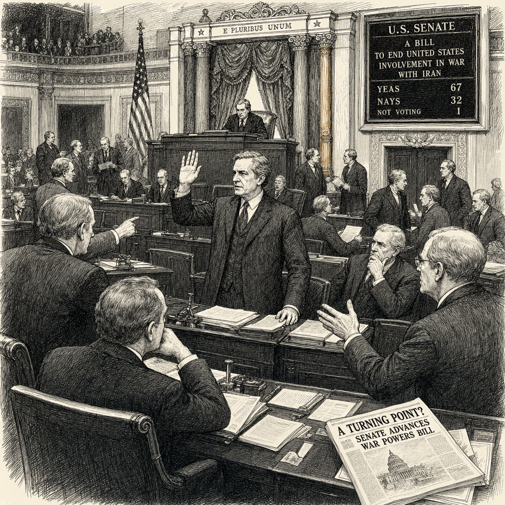 Illustration accompanying article: Senate advances bill to end Iran war as GOP's Cassidy flips