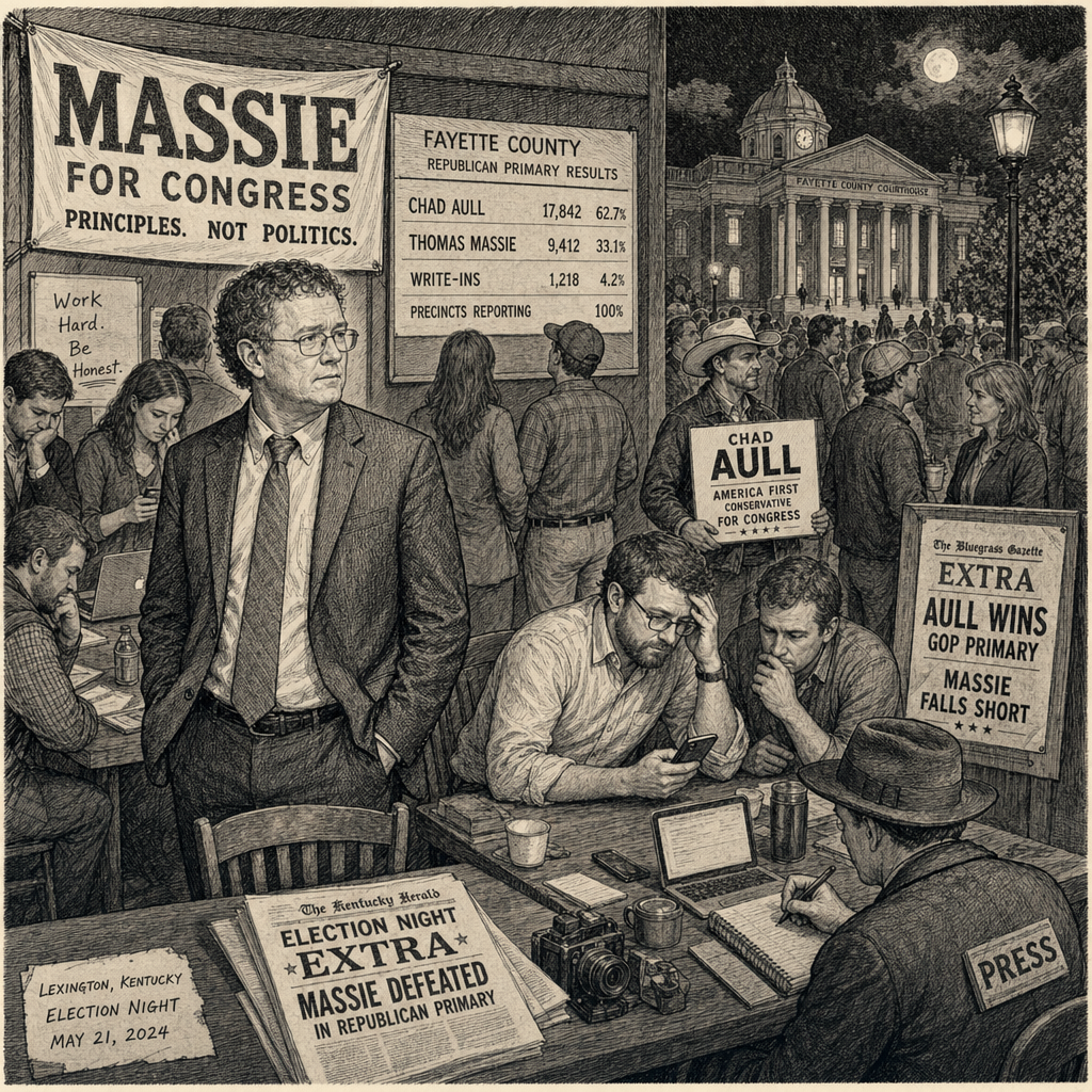 Illustration accompanying article: Thomas Massie loses Kentucky GOP primary to Trump-backed challenger