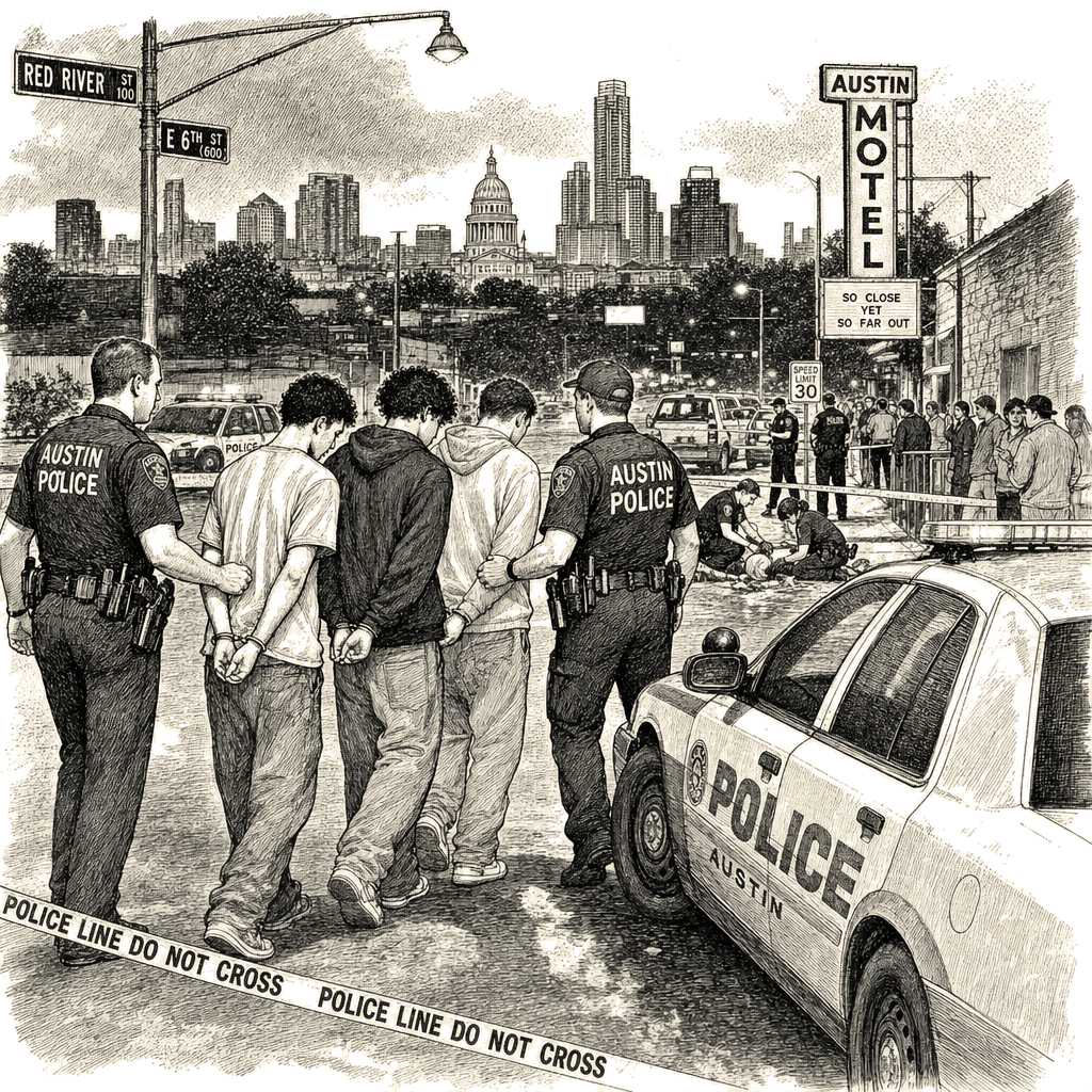 Illustration accompanying article: Three young people arrested in series of random weekend Austin shootings