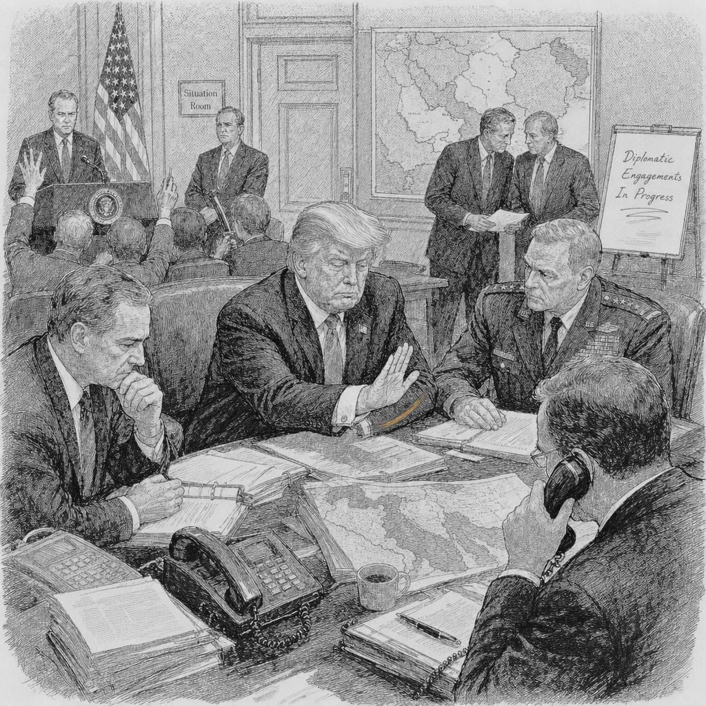 Illustration accompanying article: Trump calls off Iran strike planned for Tuesday as negotiations progress