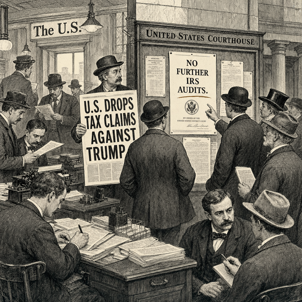 Illustration accompanying article: U.S. permanently drops tax claims against Trump, bars future IRS audits