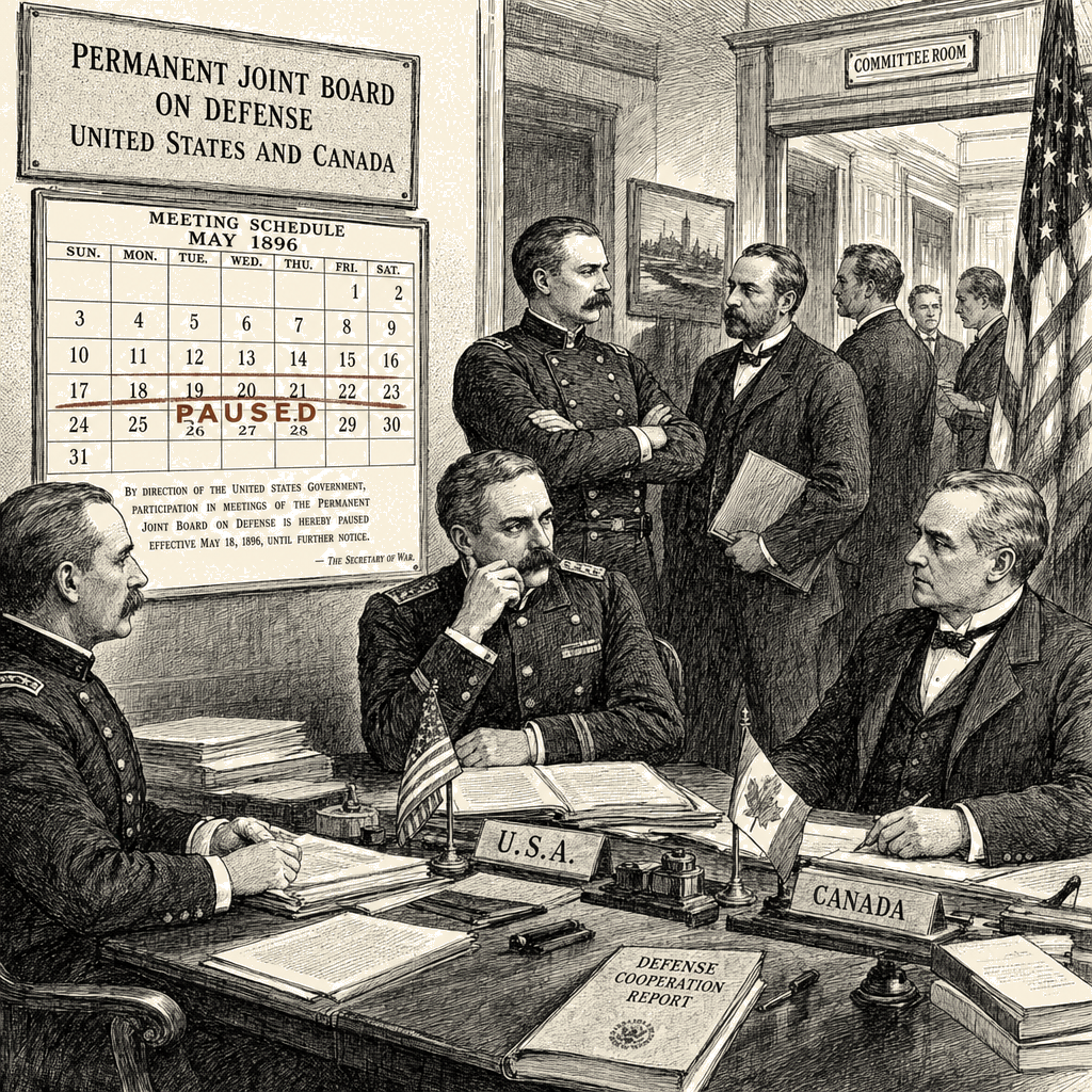 Illustration accompanying article: US pauses joint defense board with Canada as alliance strains deepen