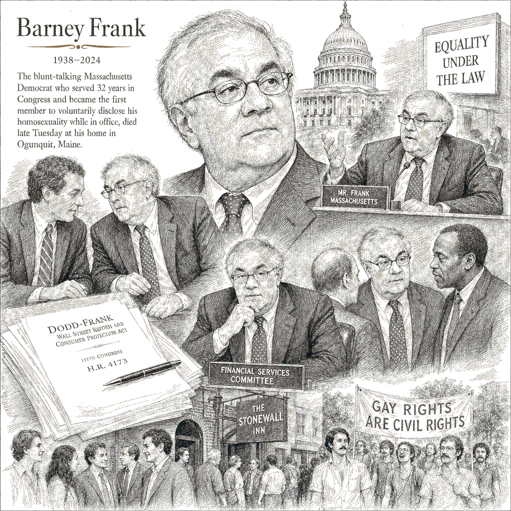 Illustration accompanying article: Barney Frank, gay-rights pioneer and Dodd-Frank architect, dies at 86