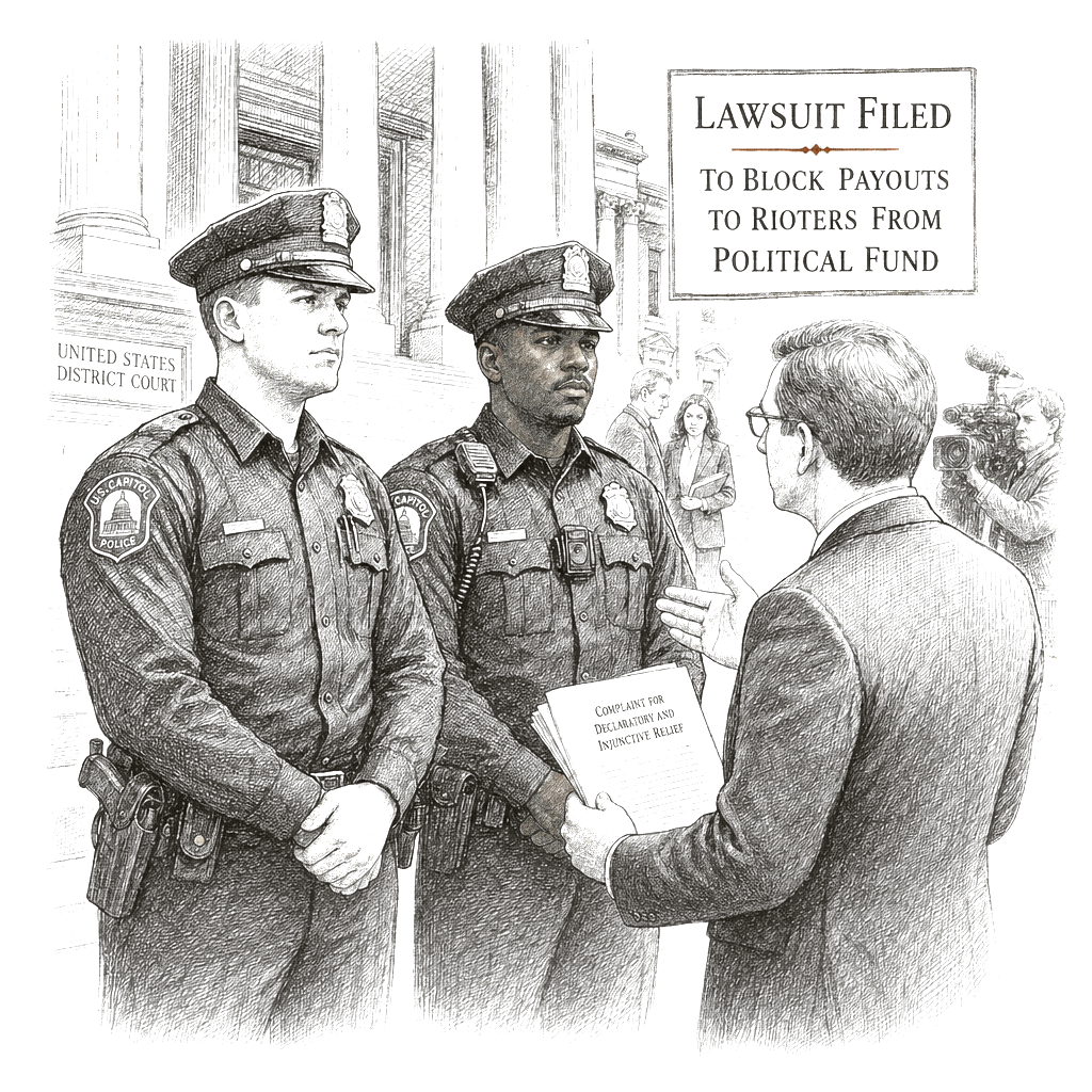 Illustration accompanying article: Capitol Riot Officers Sue to Block Payouts to Rioters From Trump Fund