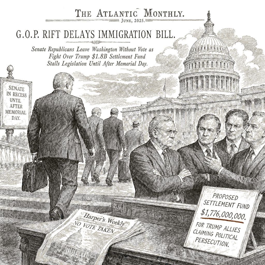 Illustration accompanying article: GOP rift over Trump $1.8B settlement fund delays immigration bill