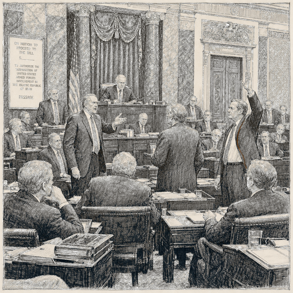 Illustration accompanying article: Senate advances bill to end Iran war as Cassidy flips to support