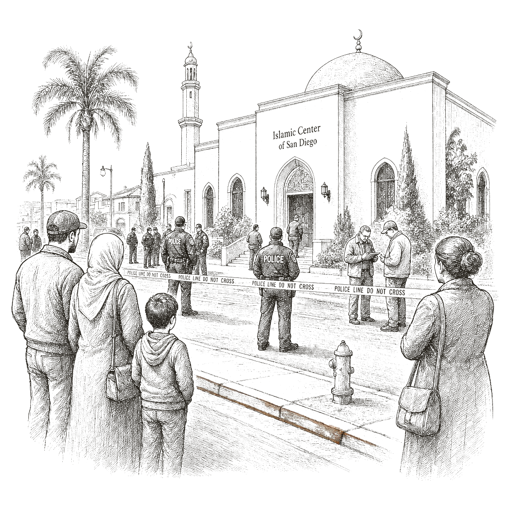 Illustration accompanying article: Teens kill 3 at San Diego mosque; police investigate as hate crime