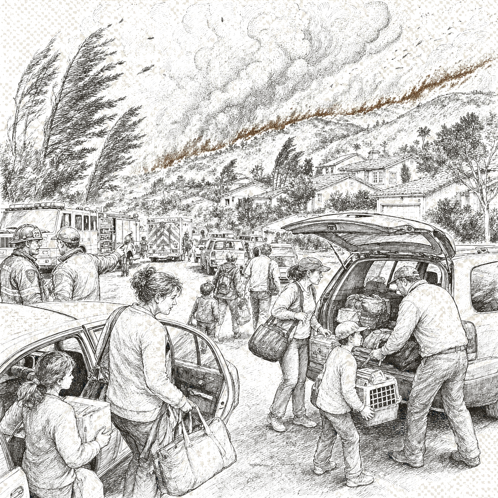 Illustration accompanying article: Wind-driven Sandy Fire in Simi Valley forces 17,000+ evacuations