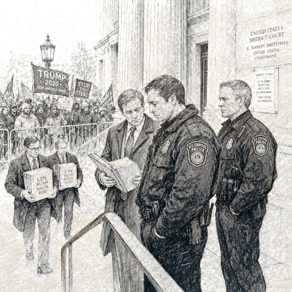 Illustration accompanying article: Capitol riot officers sue to block payouts to rioters from $1.776B fund
