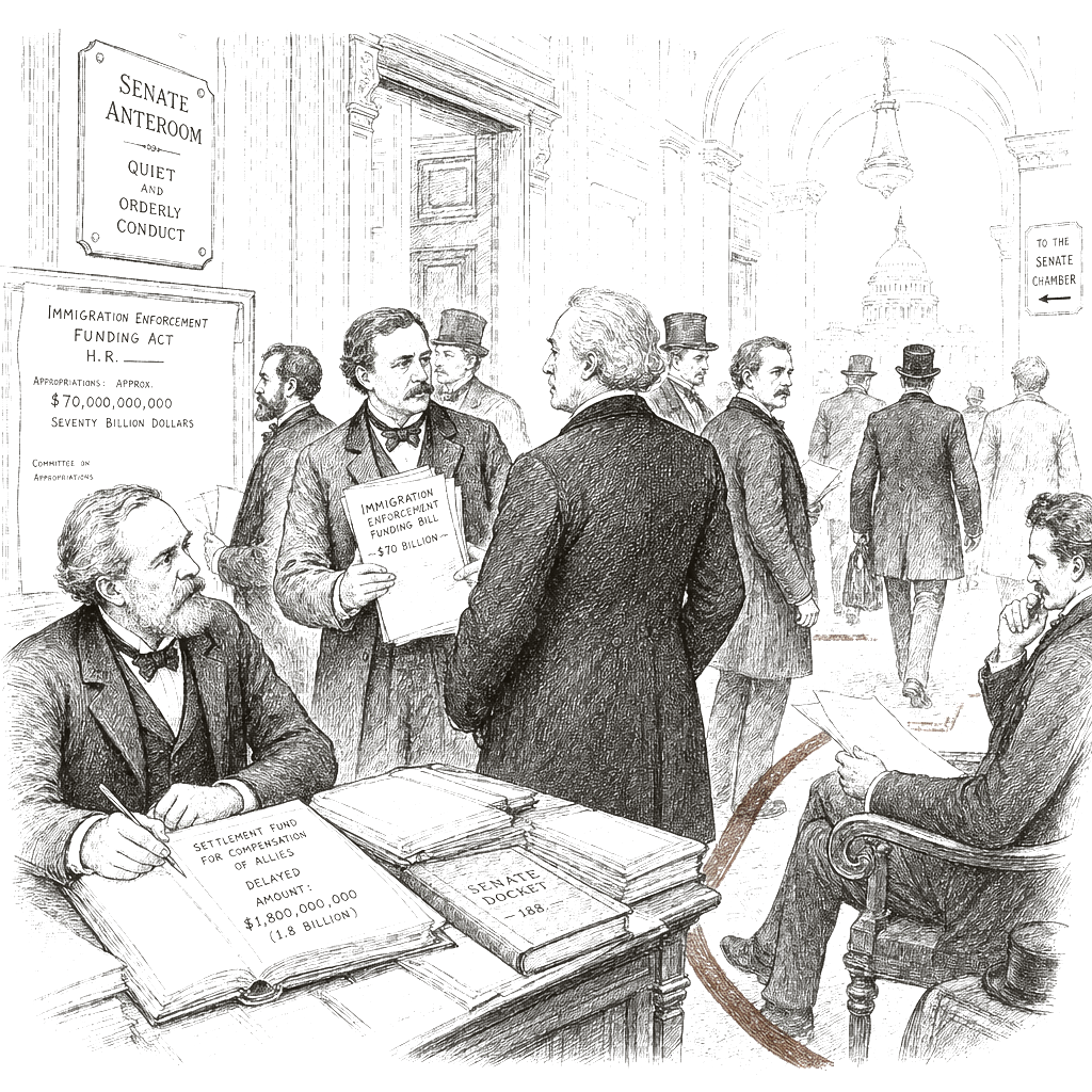 Illustration accompanying article: GOP rift over Trump $1.8B settlement fund delays immigration bill
