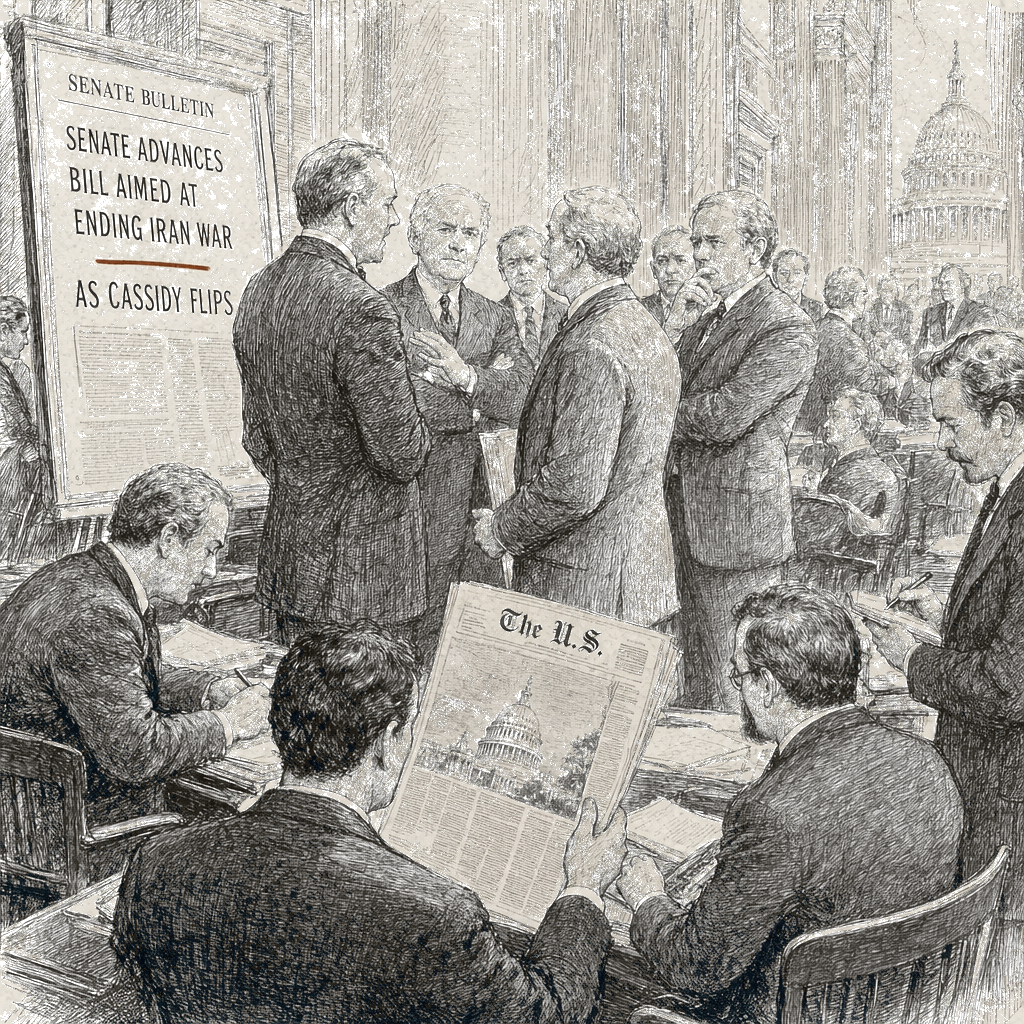 Illustration accompanying article: Senate advances bill aimed at ending Iran war as Cassidy flips