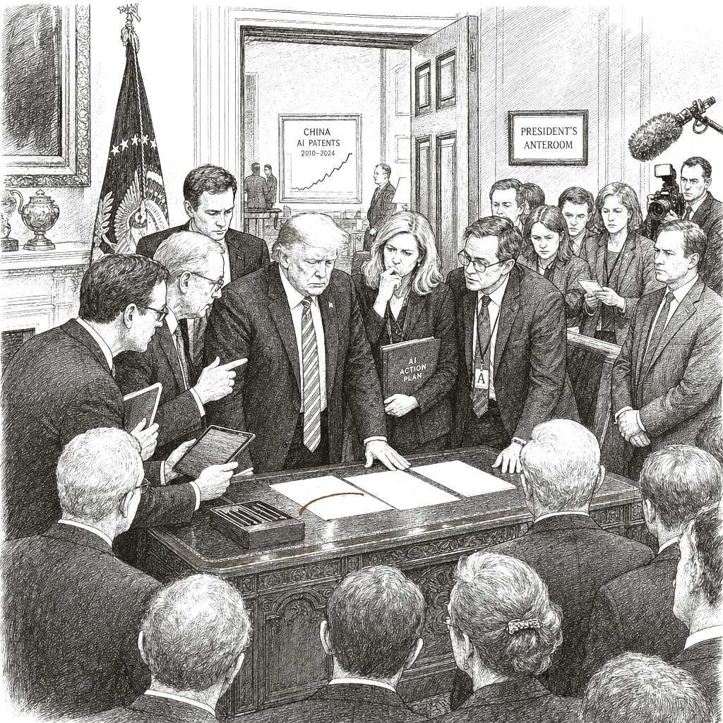 Illustration accompanying article: Trump postpones AI executive order hours before signing over fears of slowing US tech lead