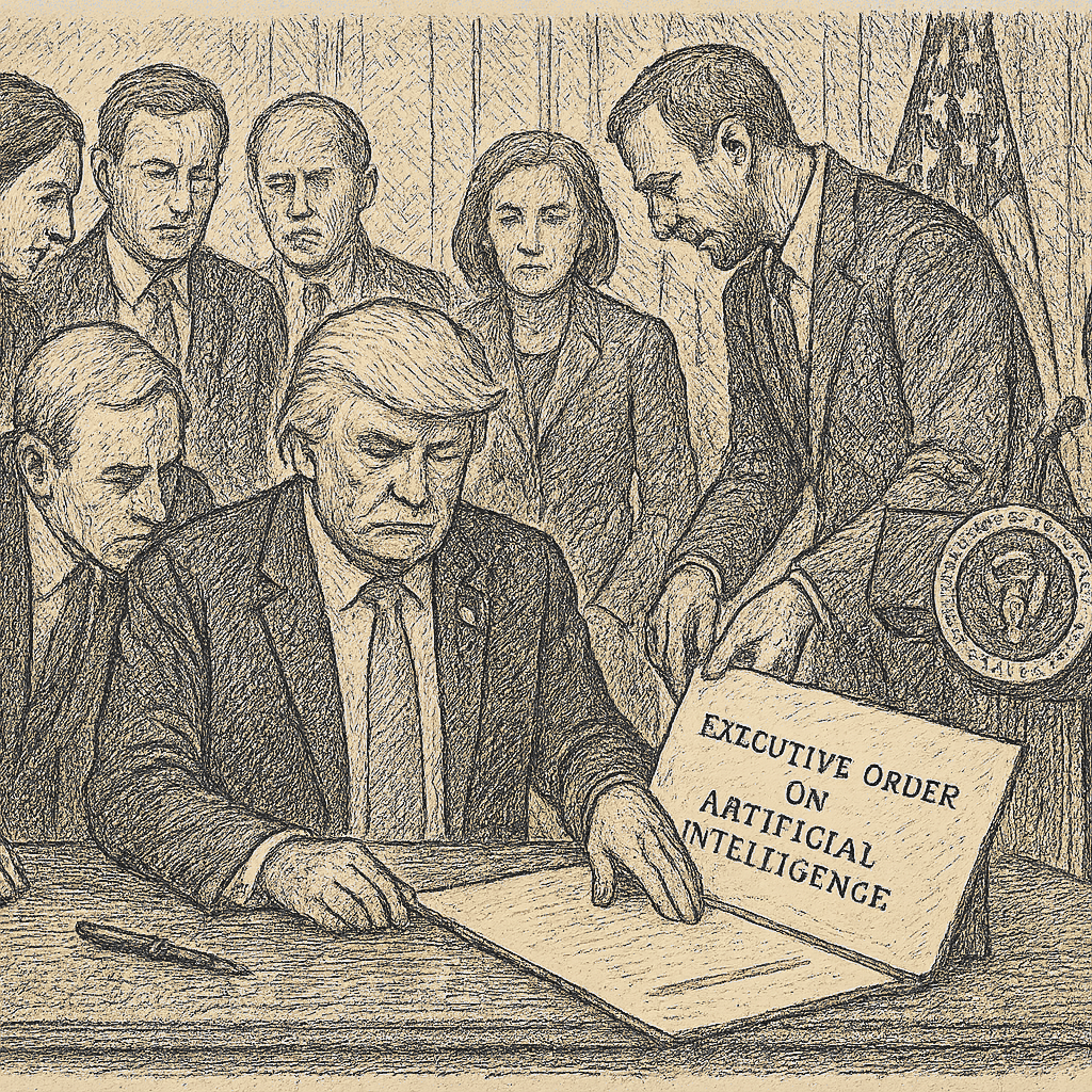 Illustration accompanying article: Trump postpones signing of AI executive order over tech edge concerns