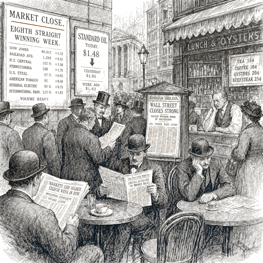 Illustration accompanying article: US stocks close eighth straight winning week as oil eases and consumer mood sours