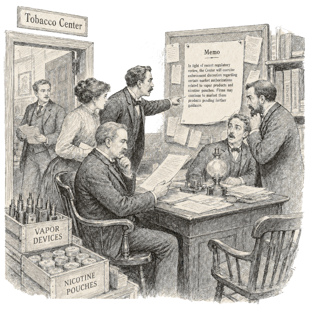 Illustration accompanying article: FDA vaping policy blindsided regulators; staffers say memo eased market rules