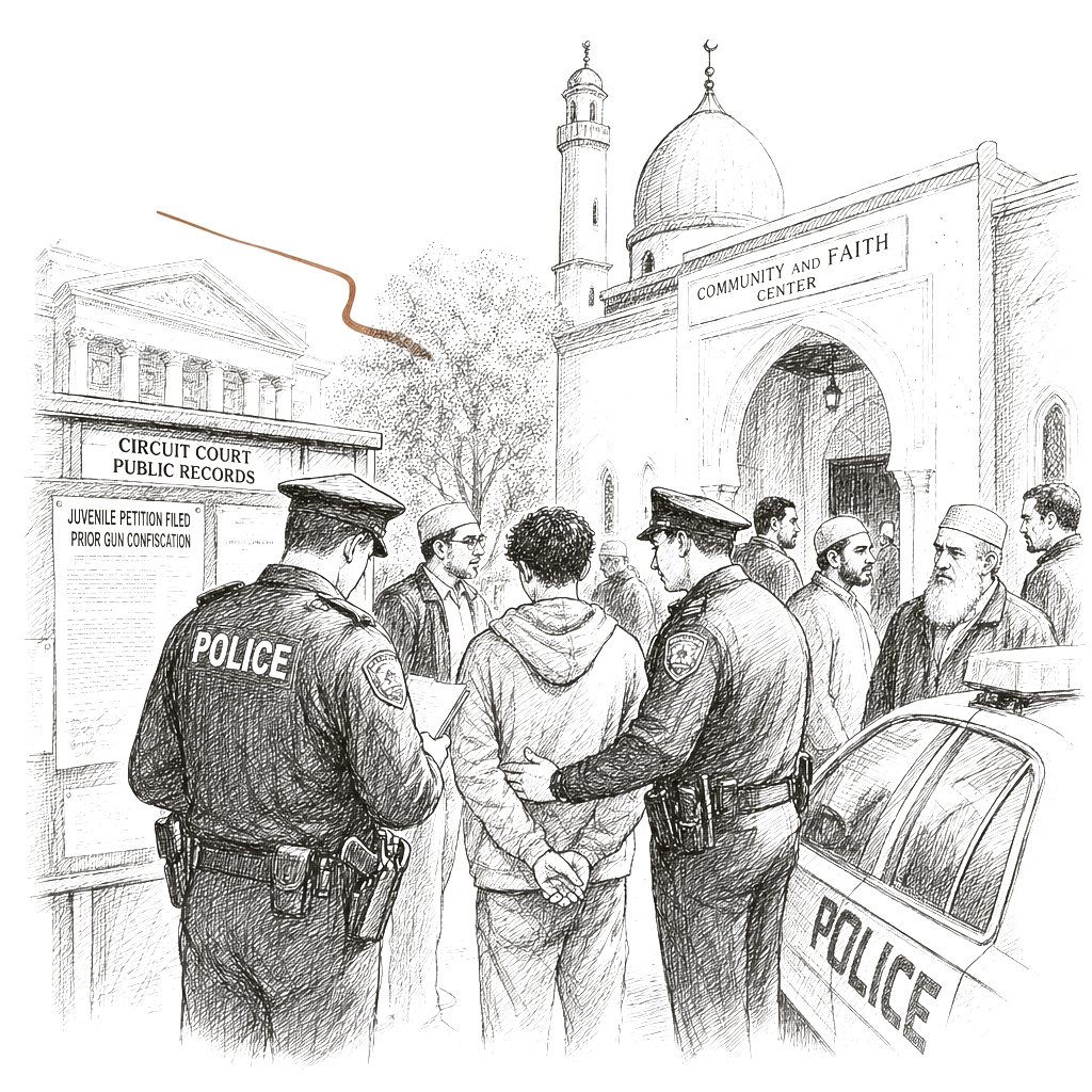 Illustration accompanying article: Teen flagged in mosque shooting; court records show prior gun confiscation