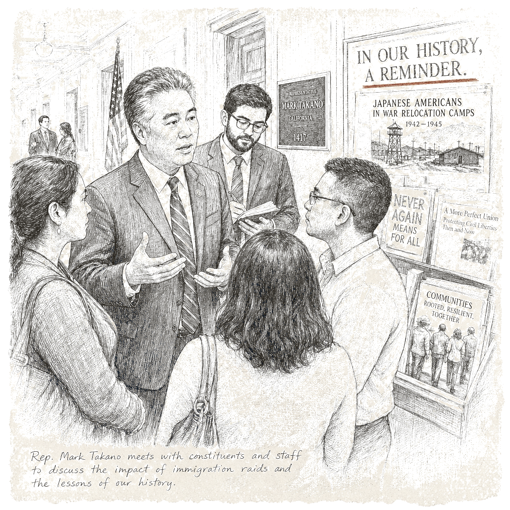 Illustration accompanying article: Trump immigration raids remind Rep. Mark Takano of WWII Japanese detentions