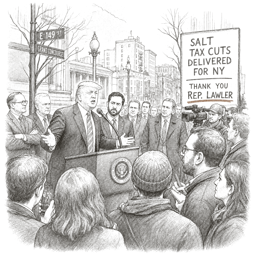 Illustration accompanying article: Trump veers off-topic in New York, touts Lawler SALT tax cuts
