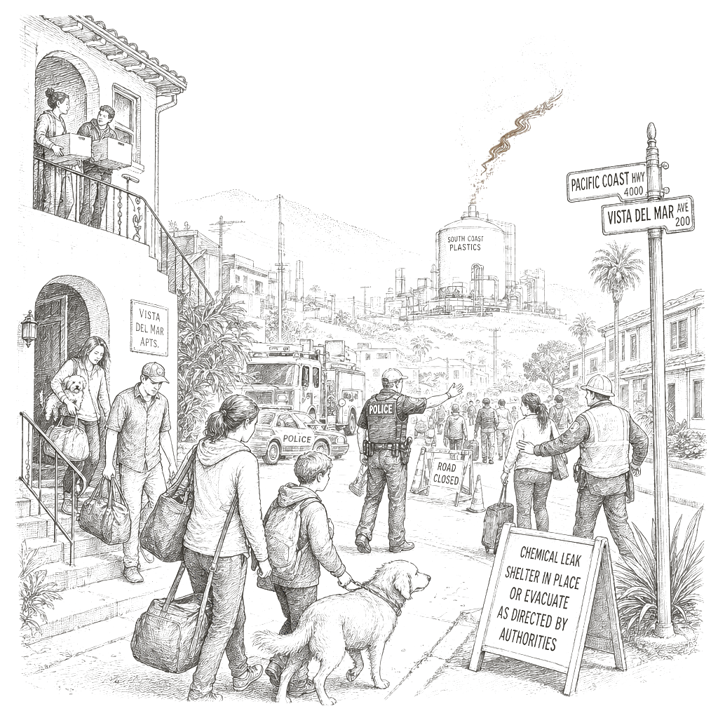 Illustration accompanying article: 40,000 ordered to evacuate in Southern California after chemical leak