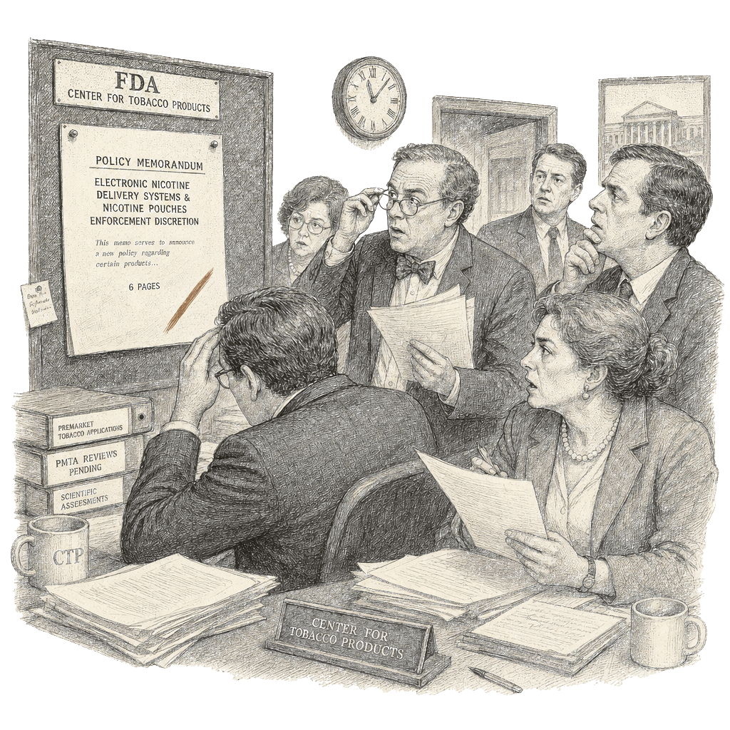 Illustration accompanying article: FDA staff blindsided by new vaping policy that allows more e‑cigarettes and nicotine…