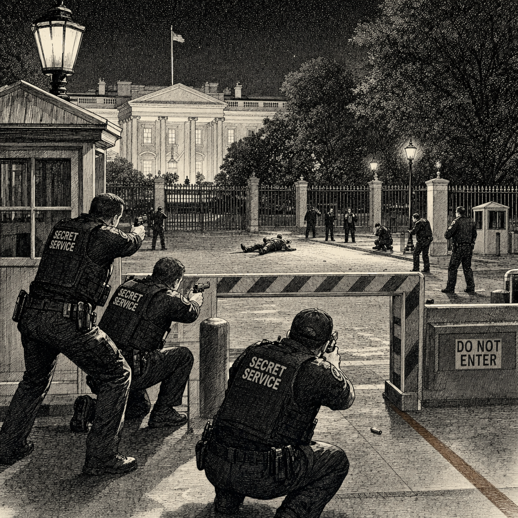 Illustration accompanying article: Man fatally shot by Secret Service after opening fire near White House