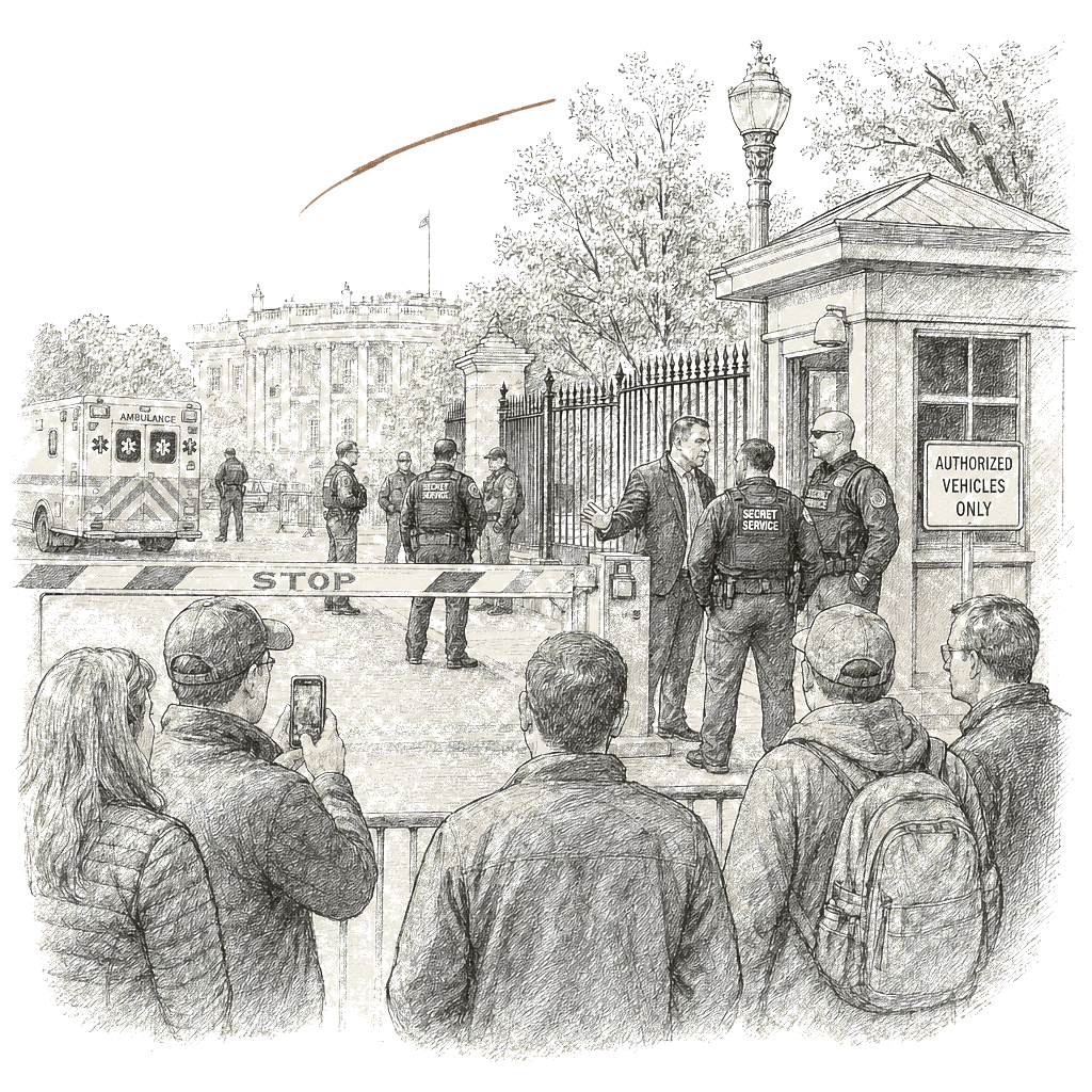 Illustration accompanying article: Suspect dead after opening fire near White House checkpoint, Secret Service says