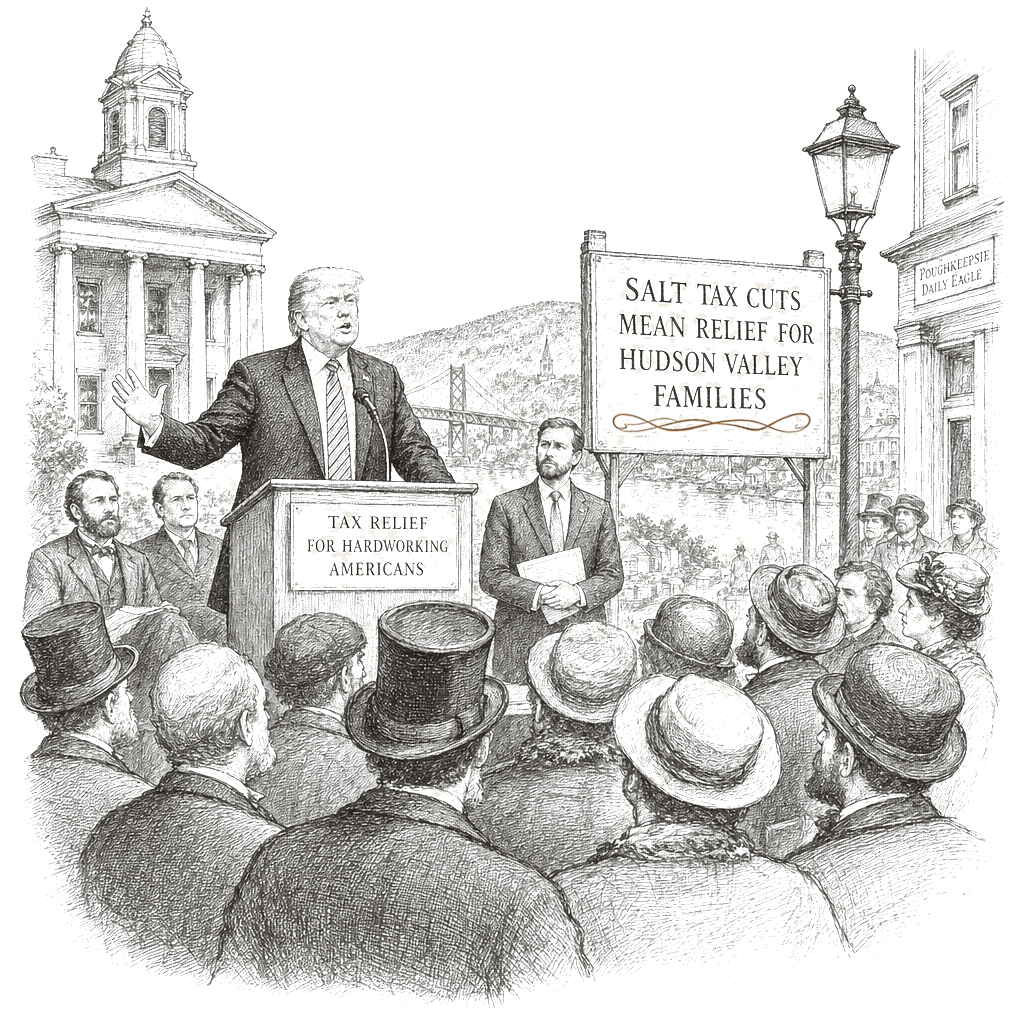 Illustration accompanying article: Trump veered off-topic in New York while promoting SALT tax cuts