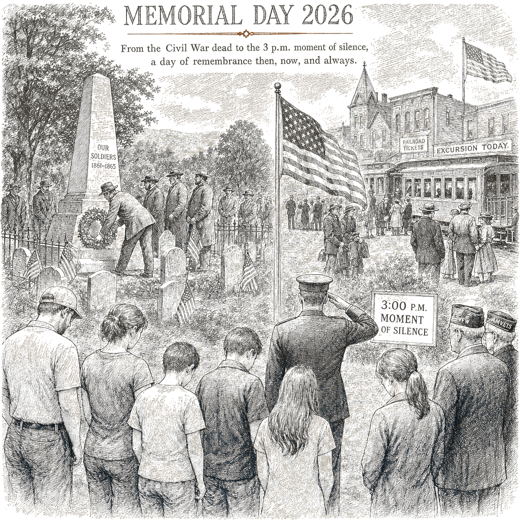 Illustration accompanying article: Memorial Day 2026: From the Civil War dead to the 3 p.m. moment of silence