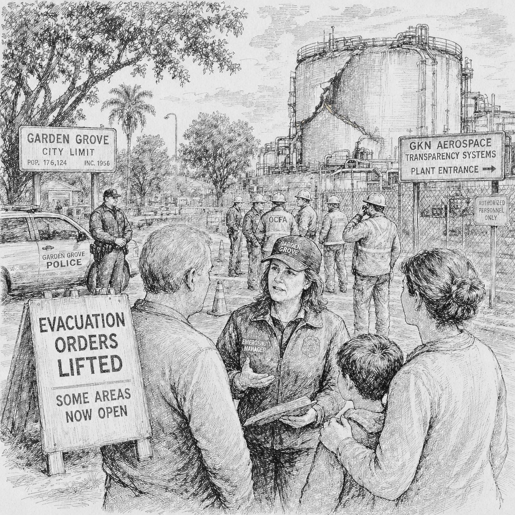 Illustration accompanying article: Officials lift evacuation orders for some residents near damaged chemical tank in Garden…