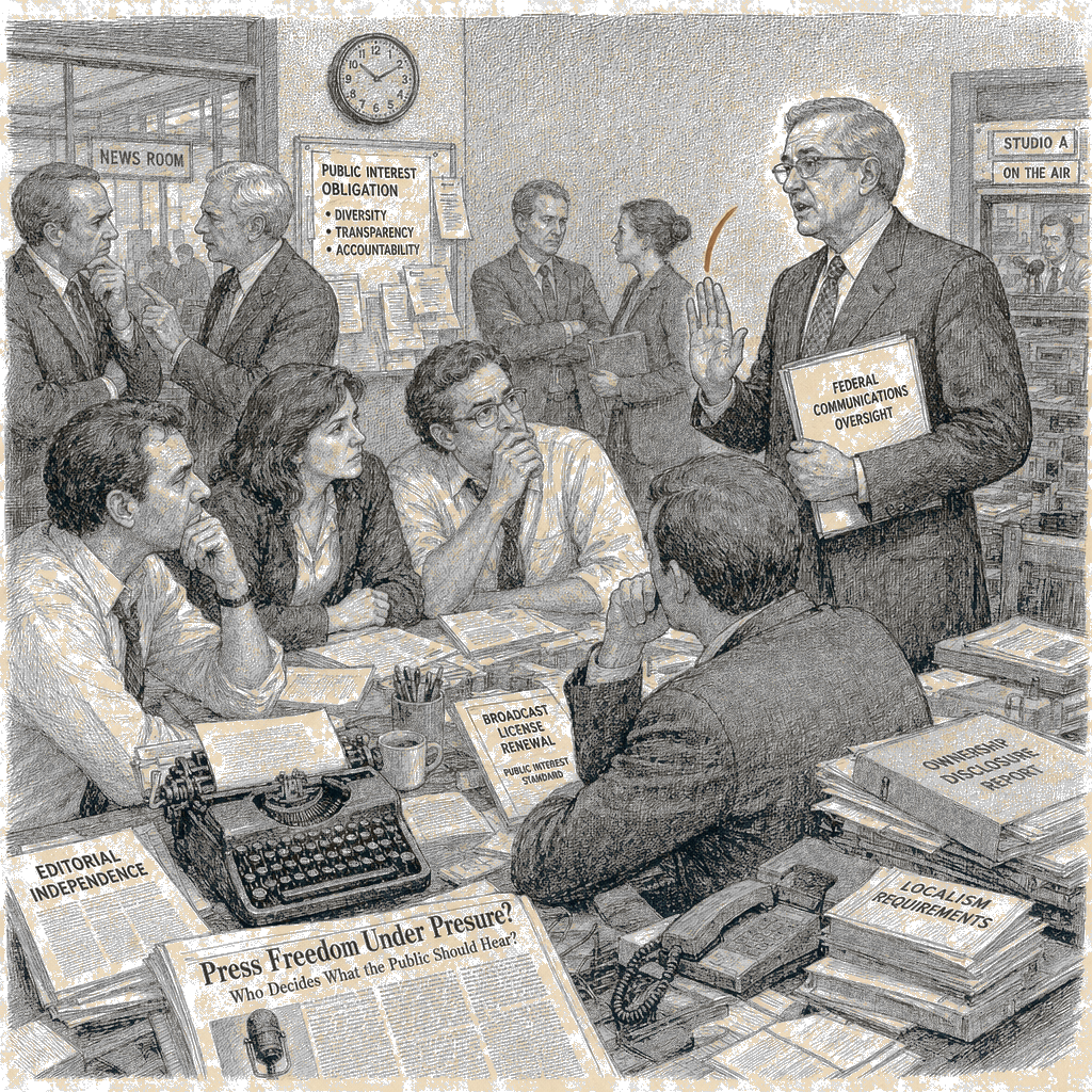 Illustration accompanying article: FCC’s sole Democrat warns media companies against yielding to Trump