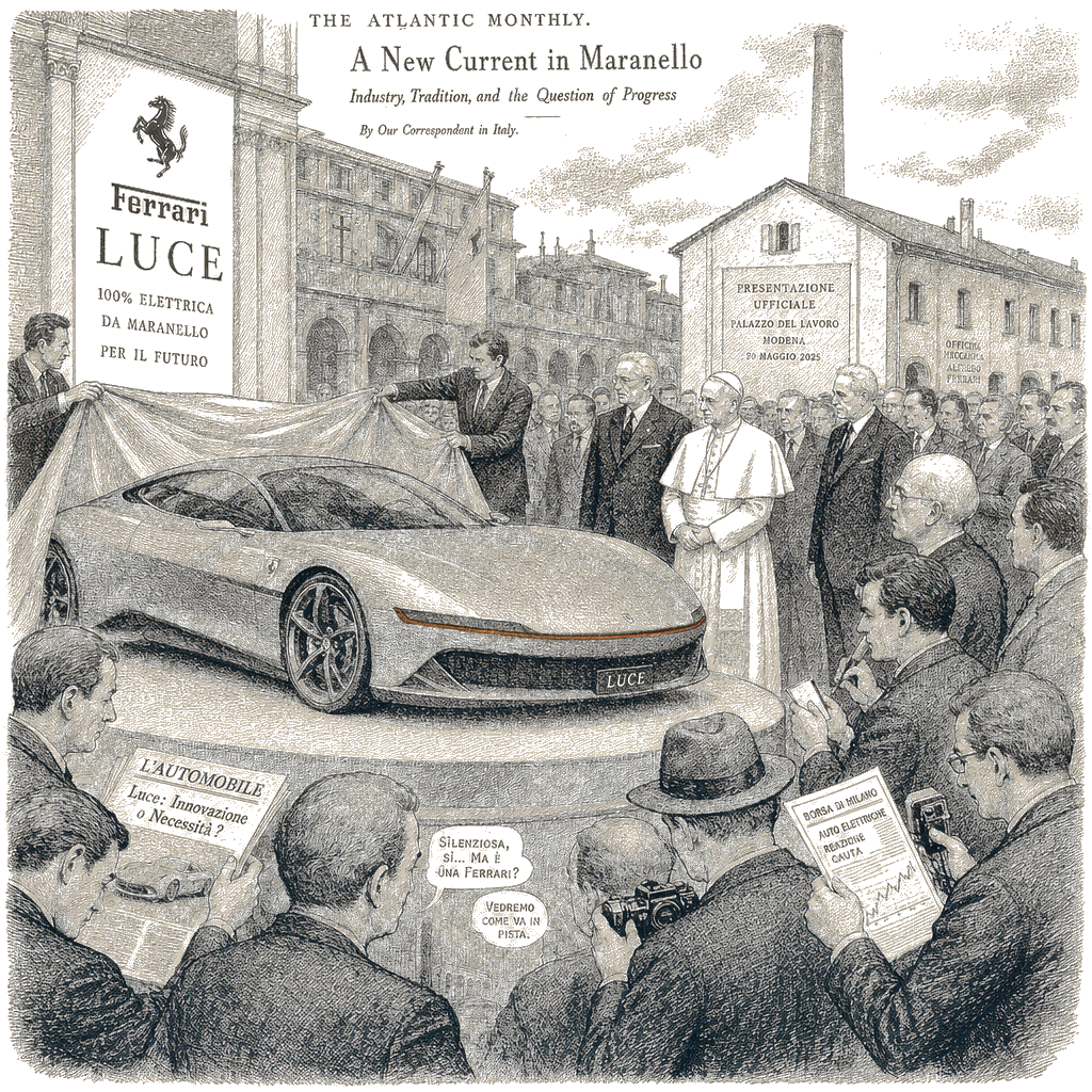 Illustration accompanying article: Ferrari unveils first fully electric Luce amid market skepticism