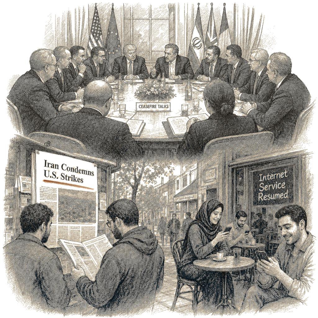 Illustration accompanying article: Iran condemns U.S. strikes as ceasefire talks proceed; internet resumes