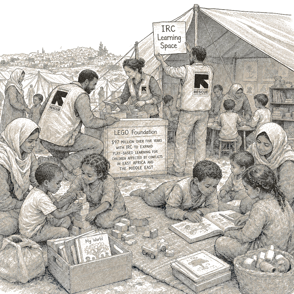 Illustration accompanying article: LEGO Foundation donates $97M with IRC to fund play-based learning in conflicts