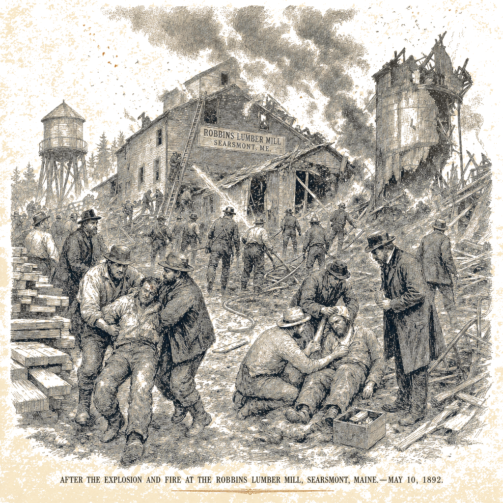 Illustration accompanying article: Maine lumber mill explosion kills firefighter, injures 12; fire started at silo base