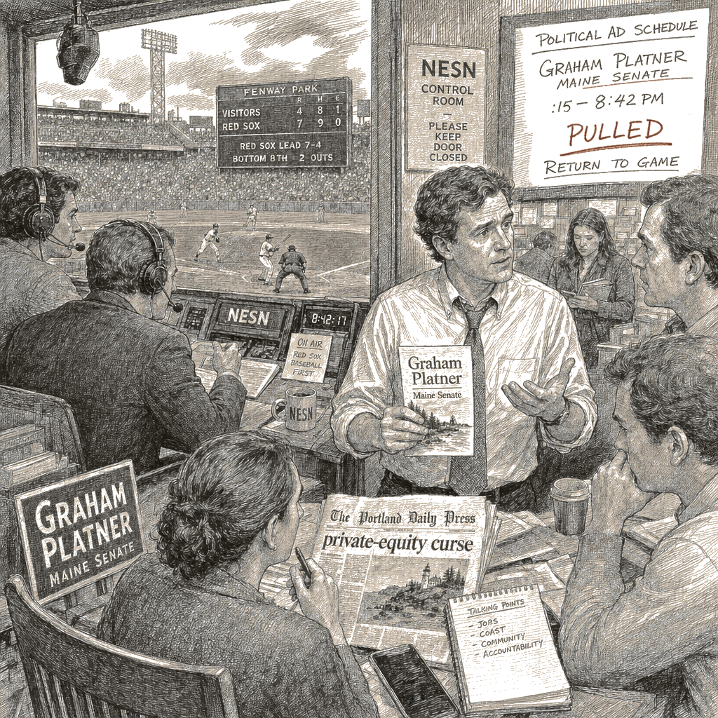 Illustration accompanying article: Maine Senate candidate Graham Platner defends Red Sox ad after it’s pulled