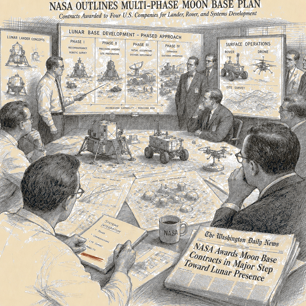 Illustration accompanying article: NASA outlines multi‑phase moon base plan with landers, rovers and drones