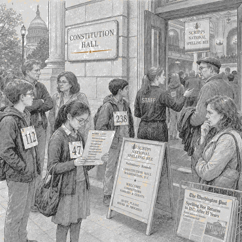 Illustration accompanying article: National Spelling Bee returns to D.C. as venue change draws mixed reactions