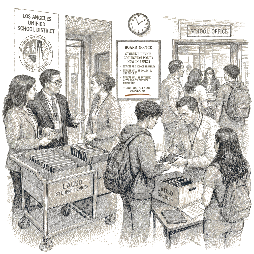 Illustration accompanying article: Nationwide backlash against school-issued devices grows as Los Angeles leads crackdown