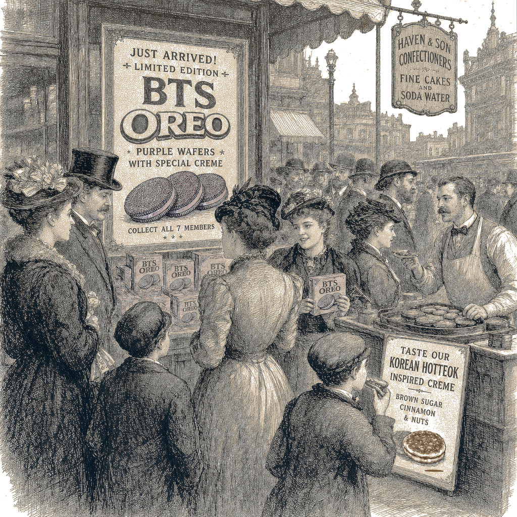 Illustration accompanying article: Oreo launches BTS‑themed cookies that taste like Korean hotteok
