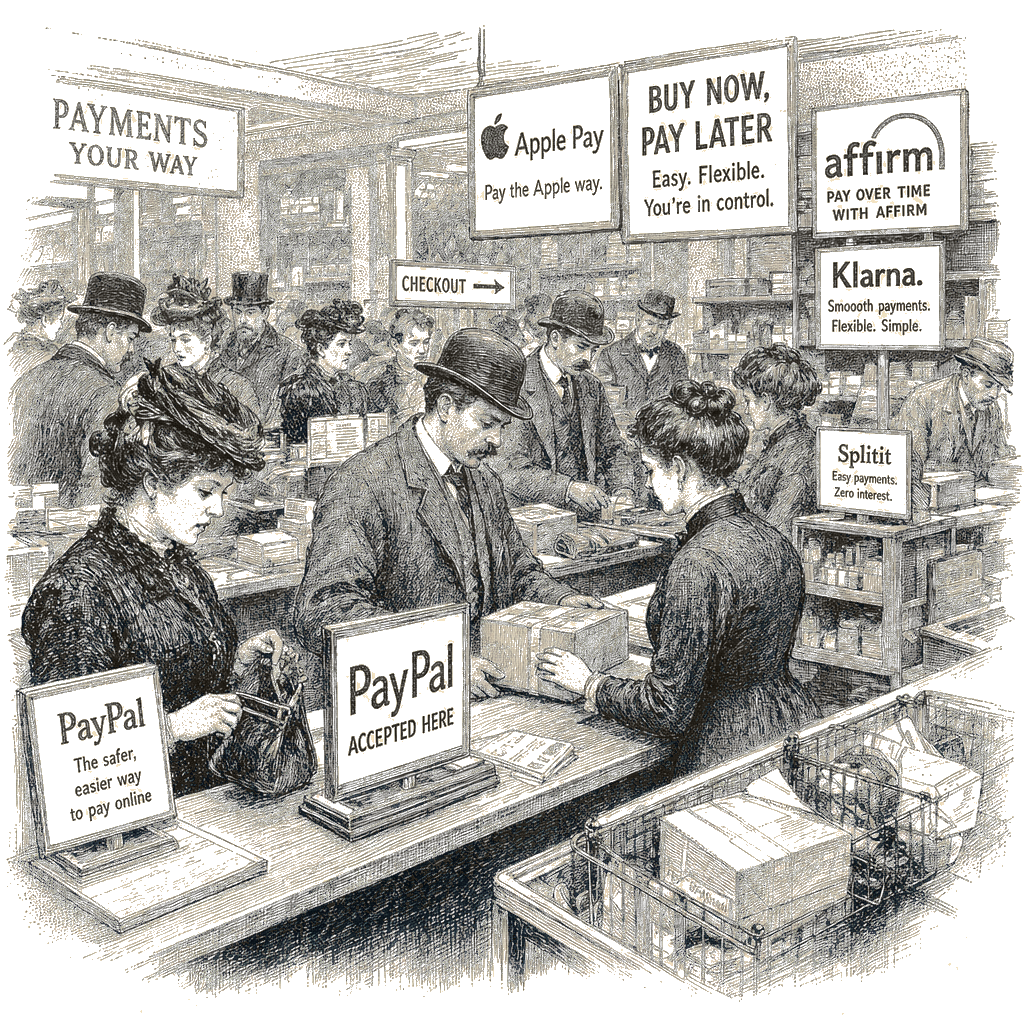 Illustration accompanying article: PayPal faces steep competition as Apple Pay and BNPL rivals erode checkout share
