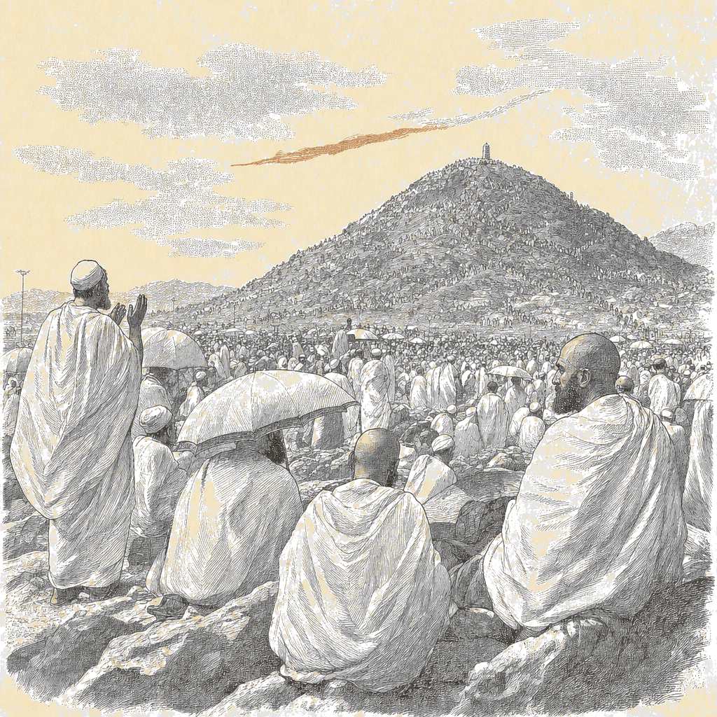 Illustration accompanying article: Pilgrims gather at Mount Arafat as Hajj reaches peak amid regional tensions