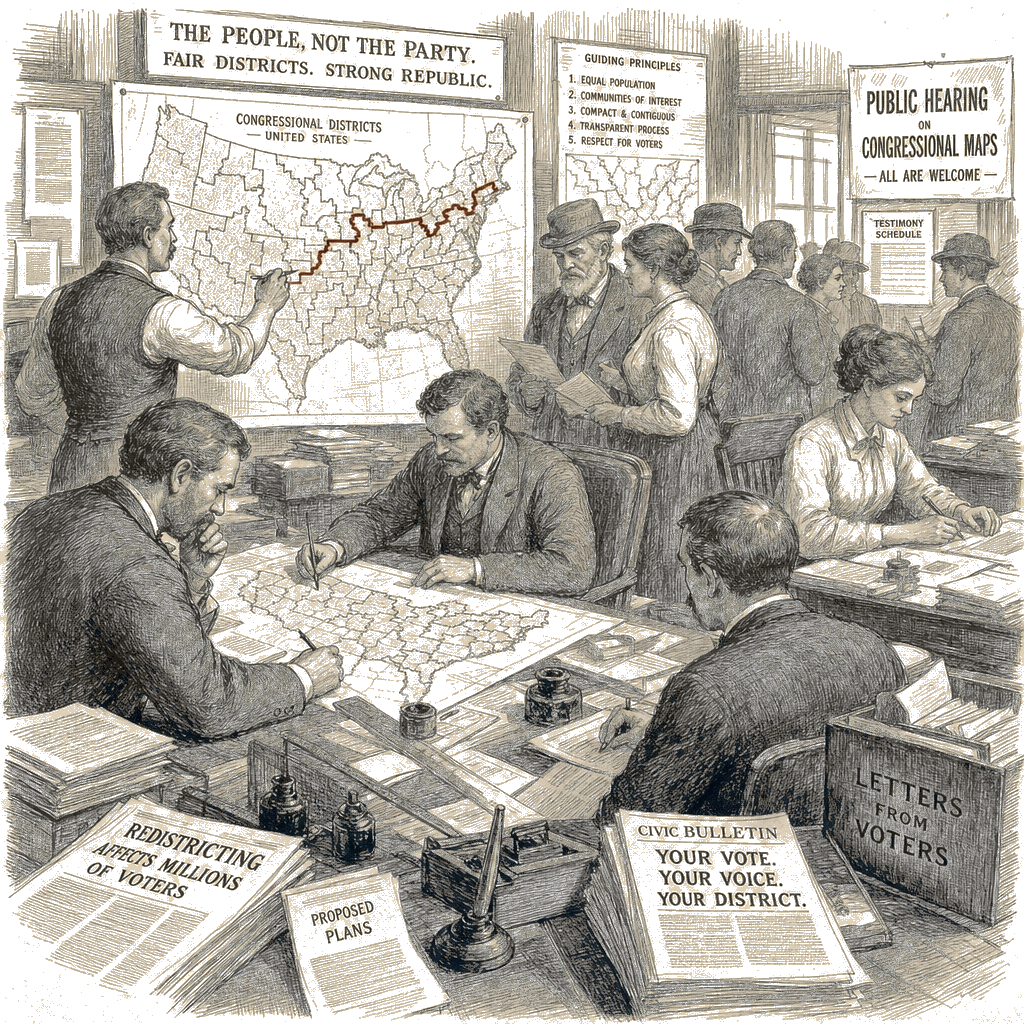 Illustration accompanying article: Republican redistricting reshapes congressional maps, affecting millions of voters