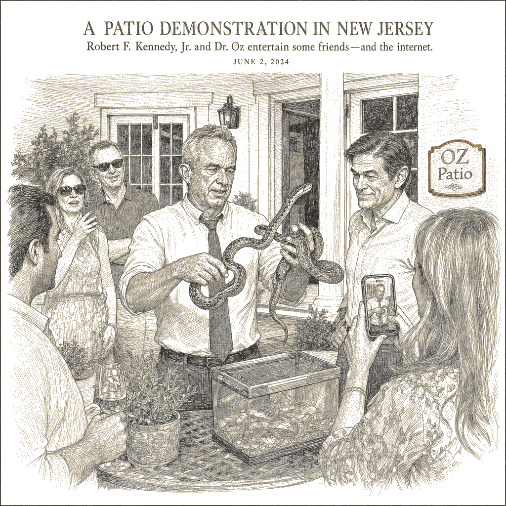 Illustration accompanying article: Robert F. Kennedy Jr. handles snakes on Dr. Oz’s patio in viral video