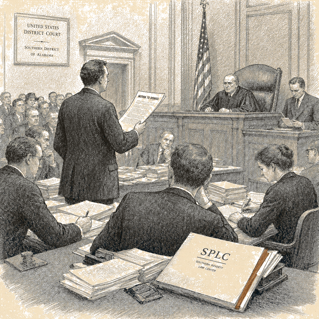 Illustration accompanying article: Southern Poverty Law Center seeks dismissal of DOJ indictment